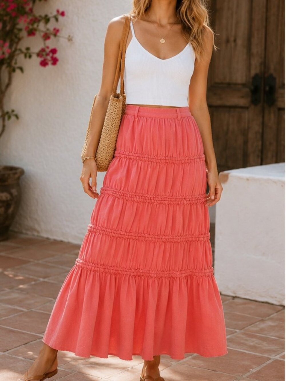 Free People Tiered Maxi Skirt Pull On High Waist Ruched Solid Pink S 284771